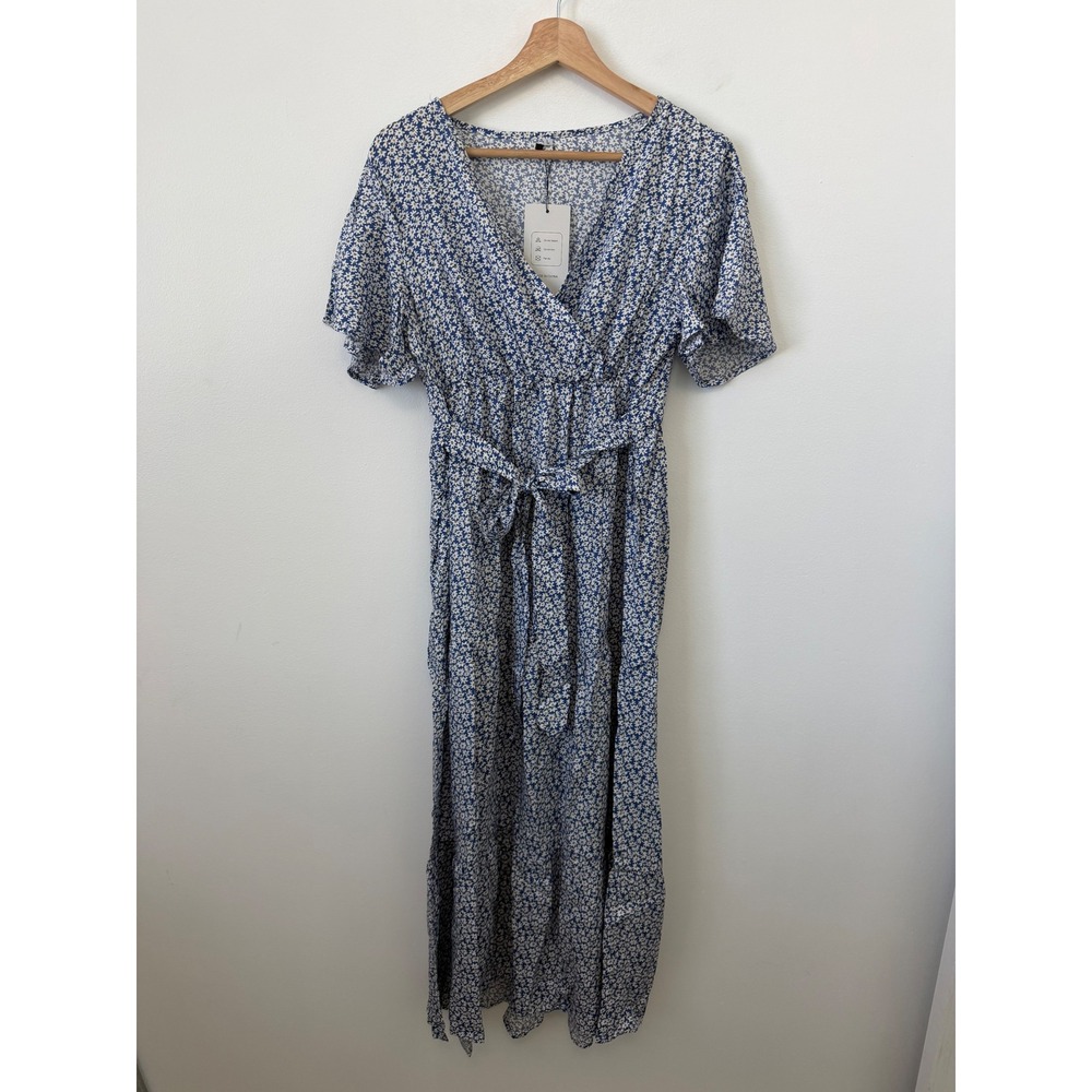 Blue Floral Wrap Maxi Dress with Tie Waist
